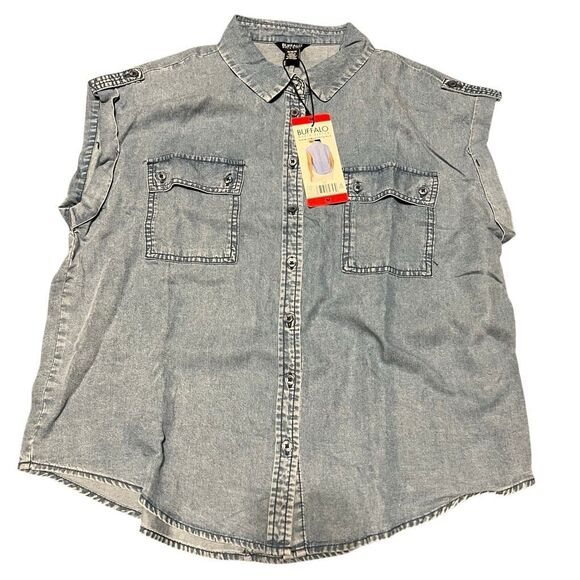 NWT BUFFALO DAVID BITTON Women’s Medium Blue Shirt Soft Acid Wash Utility SS NEW - Picture 1 of 8